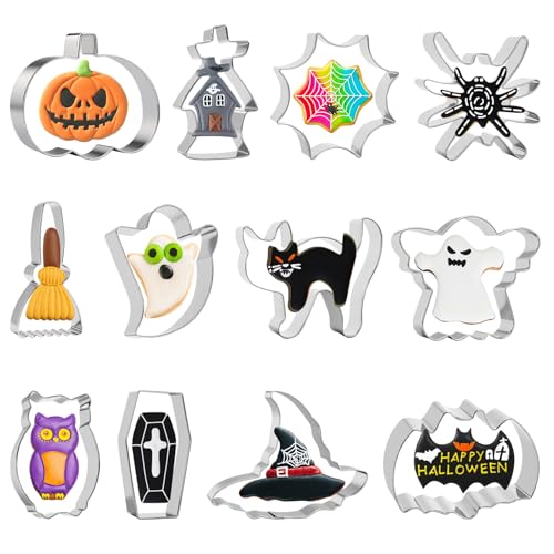 Halloween Cookie Cutters 12 Pieces Biscuit Cutters Halloween Cake Cutters Set Stainless Baking Accessories with Ghost Spider Bat Owl Coffin Pumpkin Witch Hat Elements etc