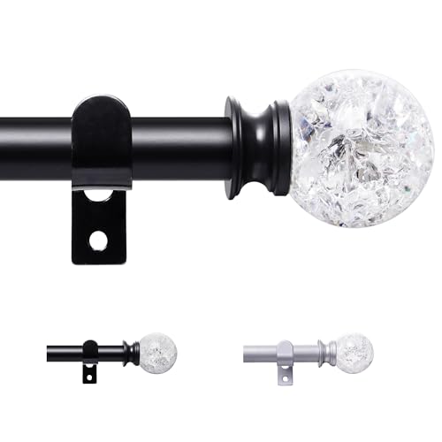 Barra de cortina de 67 – 147 cm, barras de cortina negras extensibles para cortinas con ojales, 16 mm de diámetro, barra de cortina decorativa ajustable con soportes y remates redondos de cristal