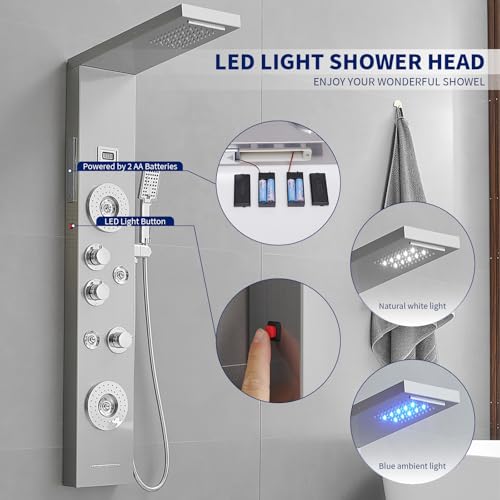 Image of BWE 6 in 1 Shower Panel Tower System with LED Lights & Temp Display