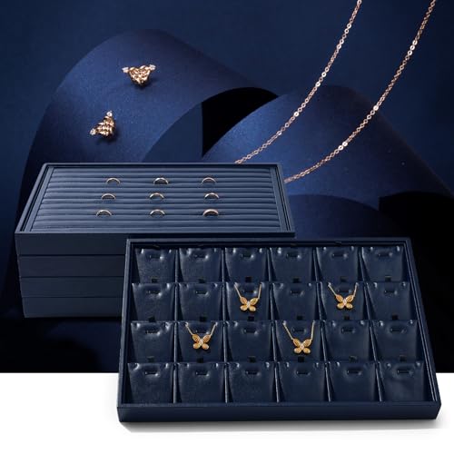 Blue Leather Jewelry Tray Earring Organizer Tray 24 Girds Jewelry Display Tray Ring Earrings Holder Trays Jewelry Drawer Organizer for Ring Earrings Storage Display