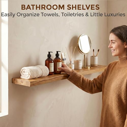 Image of Dreamland Rustic Elm Wood Floating Shelves for Wall Decor, 48 Inch Long Wooden Floating Shelves Wall Mounted, 8 Inch Deep Wall Shelf for Bathroom, Living Room, Kitchen, Bathroom, Natural