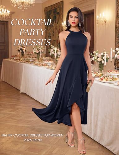 Image of Dressystar Womens 2026 Halter Slit Ruffle Wedding Guest Party Dress Elegant Maxi Long Sleeveless Formal Prom Cocktail Dresses