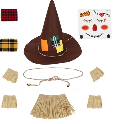 Lunaryvo Scarecrow Costume Scarecrow Hat Raffia Straw Kit Face Decals Sunflower Patchwork Halloween Harvest Accessories (Brown-11pcs)