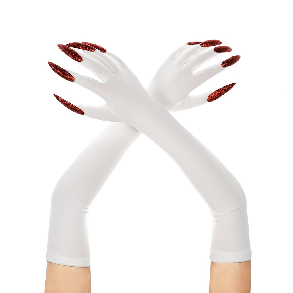 Black Gloves with Long Nails Adult Woman Halloween Handwear Witch Devil Ghost Cosplay Gloves Stretchy Breathabwomenle Elbow Length Mittens Fancy Dress Up Party Cosplay Carnival (White+Red Nails) — image 1