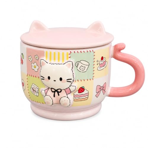 Image of Vasukie Cute Kitty Ceramic Coffee Mug with Cat Ears Lid & Tail Handle | 3D Patchwork Kitten Tea Cup for Milk, Soup, & Hot Cocoa | Kawaii Pastel Pink Drinkware Gift for Cat Lovers (Pink)