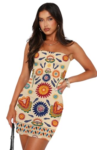 Image of OFEEFAN Summer Dresses for Women 2025 Strapless Ruched Party Club Bodycon Mini Dress