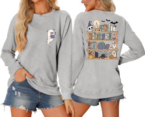 Halloween Ghost Book Reader Sweatshirt Halloween Library Shirt Ghost Reading Books long sleeves Fun top