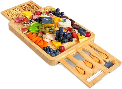 RoyalHouse Unique Bamboo Cheese Board and Knife Set with 2 Slide-Out Cutlery Drawers - Charcuterie Boards Set & Cheese Platter - Ideal Anniversary, Wedding and Housewarming Gift