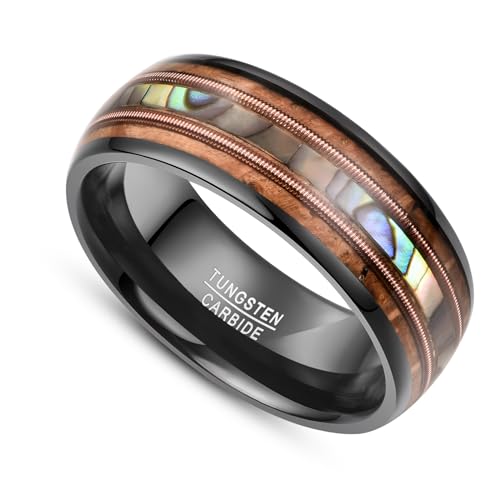 NUNCAD Tungsten Rings for Men Whiskey Barrel Wood and Abalone Shell Inlay Black Engagement Wedding Band Guitar String Ring Comfort Fit Size 7-122
