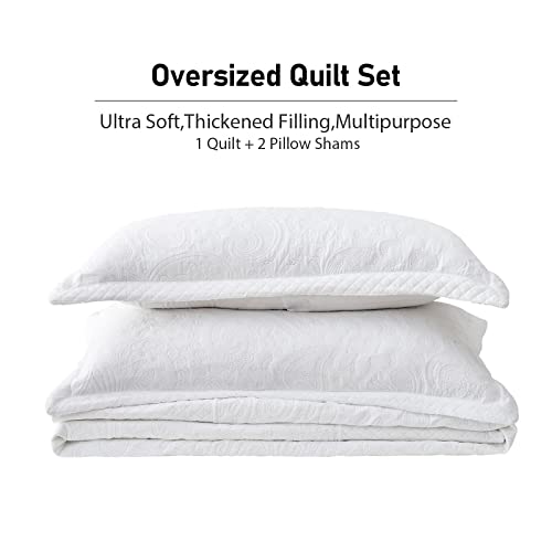 Qucover Oversized Bedspreads King Size 128 X 120, Soft Microfiber Ultrasonic Lightweight Extra Large Bedspreads, 3 Piece Paisley Pattern Reversible Oversized King Quilts With Shams, White #TOP7