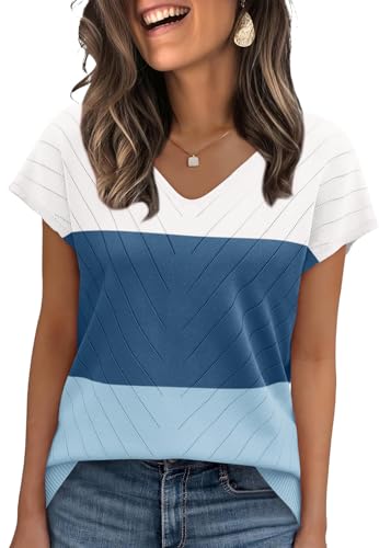 Image of WIHOLL Short Sleeve Sweater for Women V Neck Trendy Summer Tops 2026 Beach Vacation Clothes Travel Business Casual Outfits