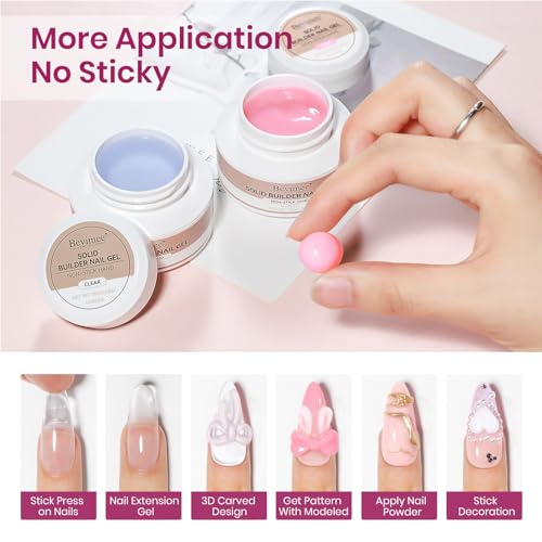 Bevimee 3d Sculpting Gel for Nail Art, Solid Builder Gel for Nails Clear&Pink 2PCS Non-Stick Hand for Modeling Sculpture Nail Extension UV/LED Manicure DIY at Home — view 2