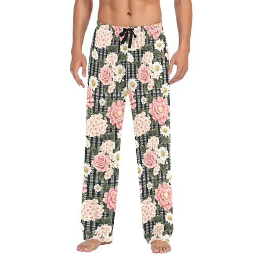 Men's Pink Roses Daisies Pajama Pants with Pockets - Straight Fit Cotton Sleep Bottoms for Lounge & Nightwear#1412