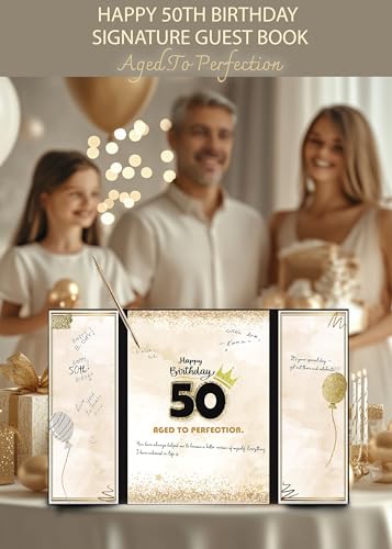 Image of DOUBLESHOOT 50th Birthday Guest Book Alternative Black Gold Party Decorations for Men 12 inchx18 inch - 50 Years Sign in Poster Card Gift - Fifty Party Signature Book Keepsake - Table Centerpiece Decor
