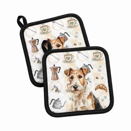 Caroline's Treasures Wire Fox Terrier Coffee Bar Pair of Pot Holders Pair 7.5x7.5 Quilted Insulated Hot Pads Decorative Kitchen Gift Made in USA
