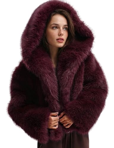 Wyeysyt Women's Faux Fur Hoodie Jacket Winter Short Coats with
