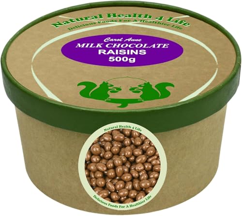 Natural Health 4 Life Carol Anne Milk Chocolate Raisins 500g Chocolate Covered Raisins in kraft Tub Gluten Free Snack for Easter Baking Gifting Made in UK (1 Tub)