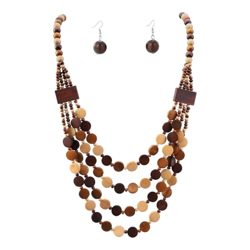MILAKOO Naturel Chunky Perles de Bois Collier Vintage RéTro Stratifié DéClaration Long Collier pour les Femmes