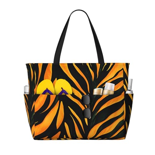Tiger Texture Pattern Beach Bag for Women Waterproof Large Beach Tote Bags Ladies Swim Pool Bag with Zipper