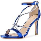 Allegra K Women's Rhinestone Knot Strap Stiletto Deep Blue Heels Sandals 8.5 M US