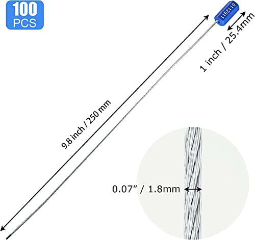 100 PCS Security Cable Seals Numbered Tamper Proof Security Tags, Blue Steel Pull-Tite Container Seals Wire Seals, Metal Self-Locking Cable Steel Wire Seal for Truck Container Shipping, 9.6in / 245mm