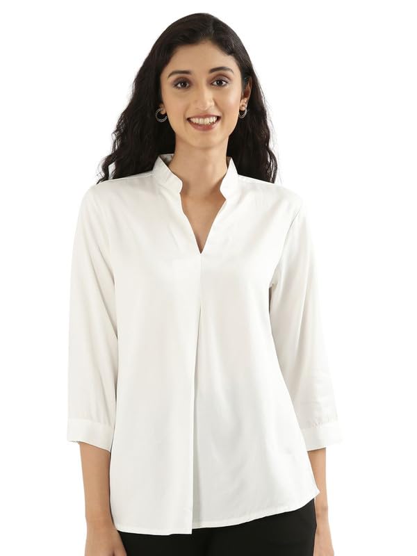 Image of SAADAA Top for Women, Viscose Pleated Tops, V-Neck with a Collar, 3 /4 Sleeve Length, Office & Casual Wear