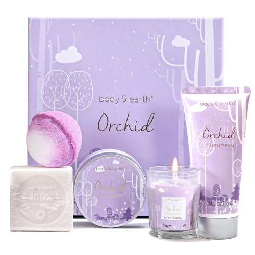 BODY & EARTH Birthday Gift for Women - 5-Piece Orchid Fragrance Gifts with Scented Candle, Body Butter, Hand Cream, Bath Bomb, Gift Box, Wellness Set for Girlfriend, Mum, Mother's Day Gift