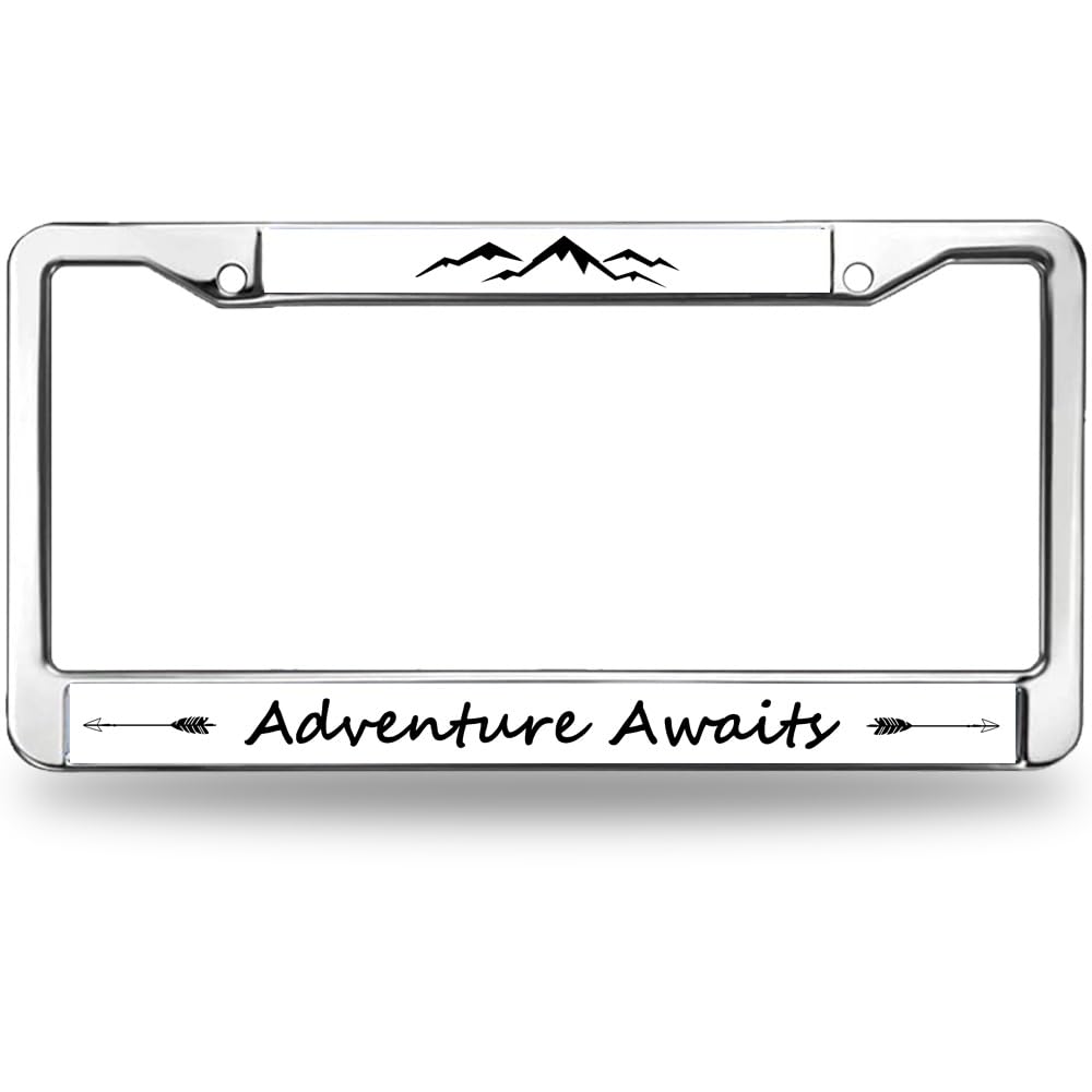 Adventure Awaits Mountain License Plate Frame, Metal Outdoor Auto Tag Cover
