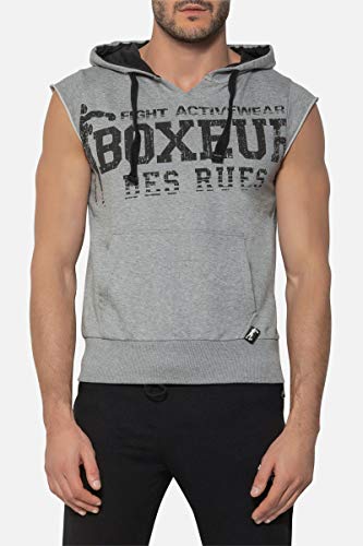 Boxeur des rues - Sleeveless Marl-Grey Hoodie with Front Maxi Print, Man