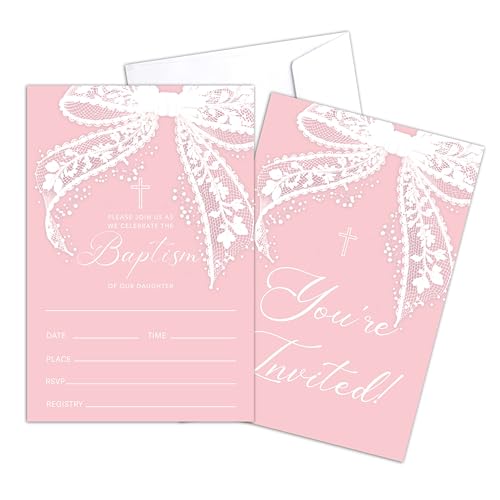 Pink Bow Baptism Invitation, Floral Baptism Invitations with Envelopes for Girl, Christian Invites For Christening Naming Ceremony, Baby Dedication, Religious Celebration Decor Supplies, 25 Cards -04