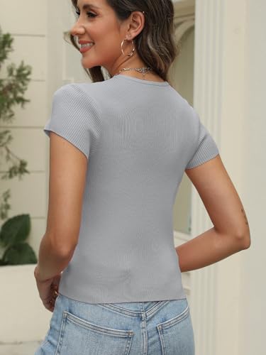 Image of Womens Short Sleeve Sweater Tops Crew Neck Button Casual Summer Sweaters Ribbed Knit Cropped Cardigans