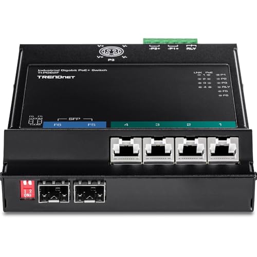 Image of TRENDnet 6-Port Industrial Gigabit PoE+ Wall-Mounted Front Access Switch, TI-PG62F, 4 x Gigabit PoE+ Ports, 2 x Gigabit SFP Slots, DIN-Rail, Wall Mount Brackets Included, IP30, 120W PoE Budget