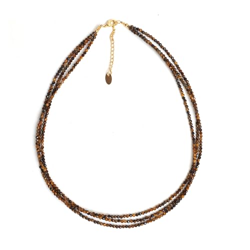 Gempires Brown Tiger Eye Beaded Necklace Triple Layered Choker Jewelry Hypoallergenic 18 Inch Gold Plated Minimlist Handmade Gemstone Necklaces For Women