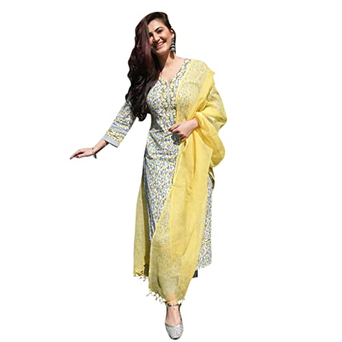 Image of GoSriKi Women's Cotton Blend Printed Straight Kurta with Pant & Dupatta