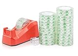 BOMEI PACK Cute Red Desk Tape Dispensers, 1 Pack with 12Rolls Transparent Tape, 1 Inch Core, for School, Office and Home DIY