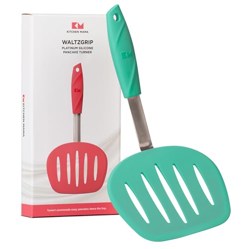 Kitchen Mama WaltzGrip Platinum Silicone Pancake Spatula Turner: Heat Resistant Flexible, Stainless Steel Core, Nonstick, Dishwasher Safe, Flipper – Ideal Kitchen Cookware for Eggs, Fish, Meat (Teal)