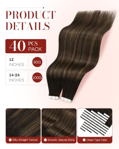 Image of Moresoo Brown Balayage Real Human Hair Extensions Tape in 22in 40Pcs 100g | Tape in hair extensions real human hair, fuller coverage, flat tabs, long layers for French twists and formal events