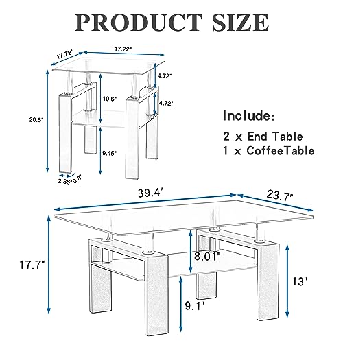 Meihua Glass Coffee Table And End Table Set Of 3, Living Room Table Set With Tempered Glass & Metal Legs For Livingroom Center Table thumb #2