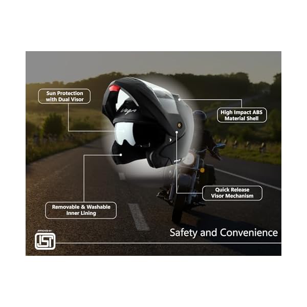 Vega Crux Dual Visor Flip Up Motorcycle Helmet with Lightweight Shell, Flip-Up Chin Guard, Dual Visor System, Shock Absorbing Interior, Ventilated Fit, and Trendy Black Finish Black -L