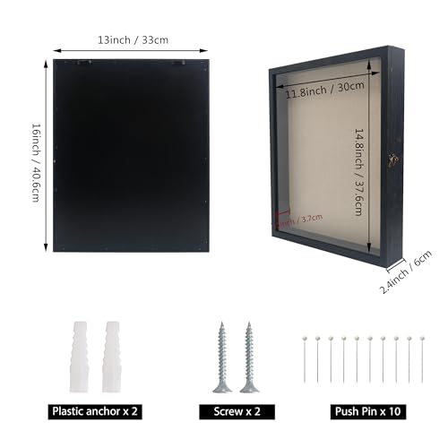 Image of GraduationMall 13x16 Wood Shadow Box Frame Glass Door Display Case with Linen Back and 6 Stick Pins,1.5 inches Interior Depth,Ideal for Memorabilia Pictures Flowers Medals Tickets Rustic Black