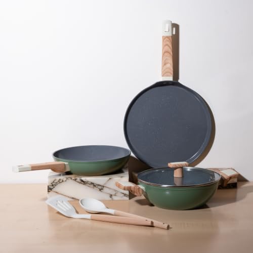 Image of Kreme Ceracook Ceramic Coated Granite 6 Pc Cookware Set, Frying Pan, Kadai, Tawa, 2X Spatulas, ISI Certified, Forged Aluminium, Gas & Induction, PFAS & PTFE Free, 1 Yr Warranty, Olive Green