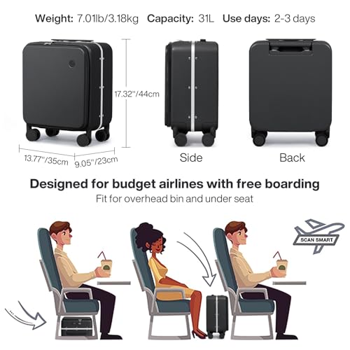 Image of mixi 17x14x9 Carry On Luggage Underseat PC Hard Shell Suitcase Top Opening Aluminum Frame Travel Suitcases with Wheels, Black