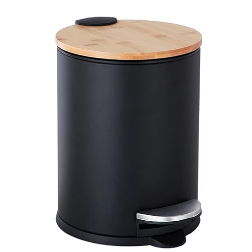 Mini bote de basura con tapa de bambú cierre suave y pedal de pie cubo de basura redondo pequeño de 08 galón3 litros con cesta de basura interior de