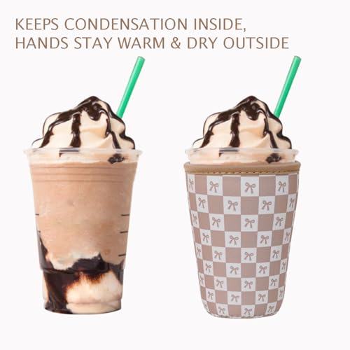Image of Reusable Insulated Neoprene Iced Coffee Cup Sleeve, Durable Drink Sleeve for Cold Beverages, Beverage Holder for Iced Coffee, Caramel Checkered Bows