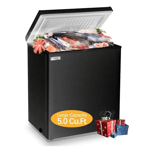 Chest Freezer 5.0 Cu.Ft Black Compact Freezer, Manual Defrost Deep Freezer with Storage Basket, Space-Saving Flat Back, Stay-Open Lid, Side-Access Drain for Home Basement Cottage Business