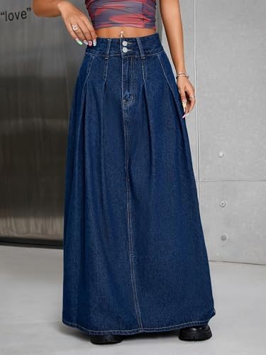 Women's Vintage Double Buckle High-Waisted Frayed A-Line Long Denim Skirt Pockets Blue3