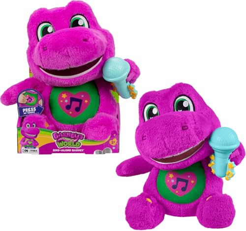 Barney’s World Toddler Toys by Fisher-Price, Barney Tall Plush, 10.5 -inch Figure with Sounds, Soft Texture for Play, Kids Ages 2+ Years