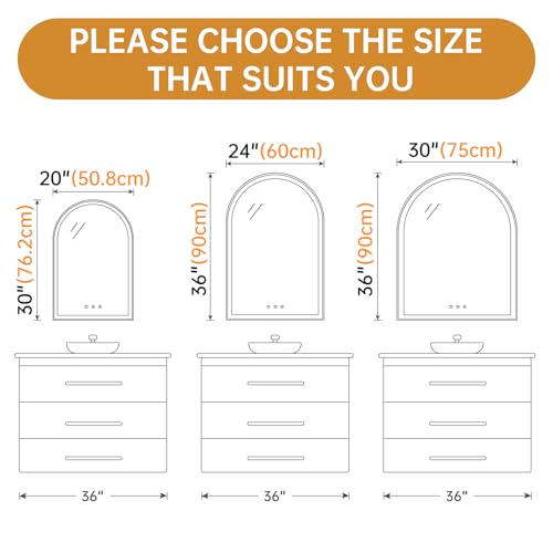 Image of Arched Backlit Mirror Bathroom 24 inchx36 inch- Frameless LED Bathroom Mirror with Lights, Fogless, Dimmable, 3 Color Changing, Shatterproof, Touch Sensor