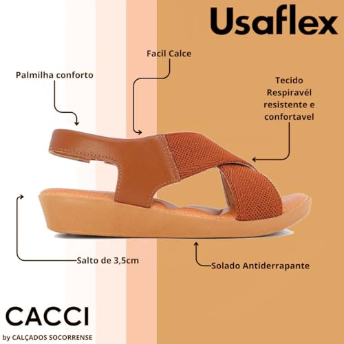 Sandália Usaflex Plataforma Elástico Tiras Cruzadas Feminina (38, Marrom)