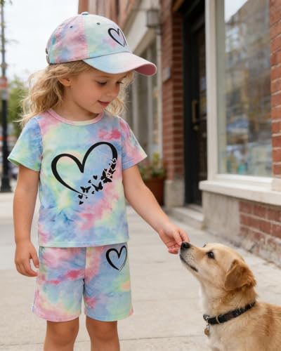 Image of Kids Girl Clothes Tie Dye Heart Print Short Sleeve Top and Shorts Toddler Girl Summer Outfits Short Set